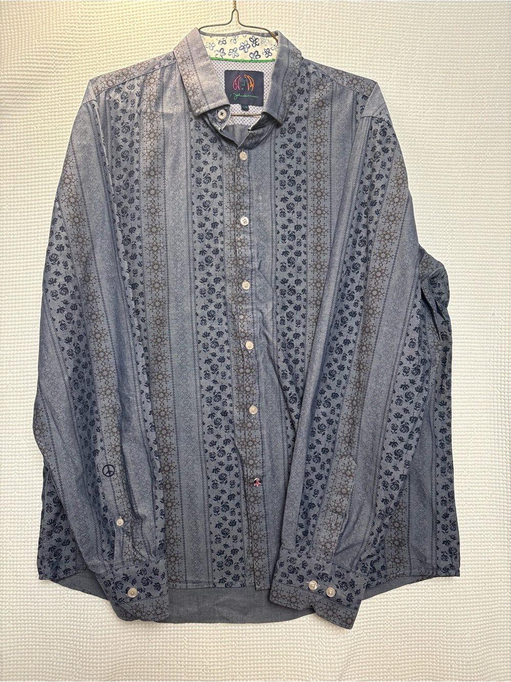 John Lennon Men's Casual Blue Patterned Button-Down Shirt